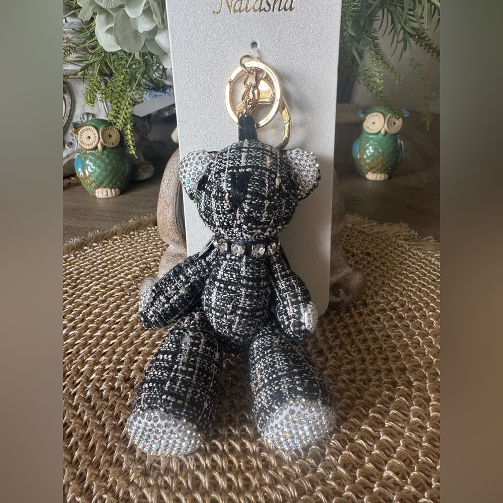 Chunky Size Sparkling Tweed Bear Bag Charm or Key Chain - Crystal Accent CUTE 🥰